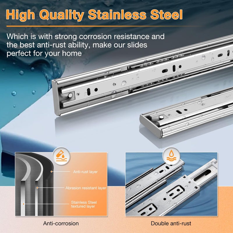 YENUO Soft Close Stainless Steel Full Extension Drawer Slides Side Mount 10 12 14 16 18 20 22 24 inch Ball Bearing Rails Track Guide Glides Runners Heavy 100 lb (Stainless Soft Close-1 Pair  10 Inch) - Image 5